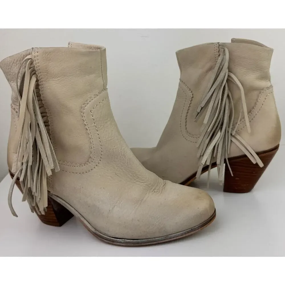 SAM EDELMAN Louie Beige Suede Side Zip Western Fringe Stacked Heel Boot Size 7